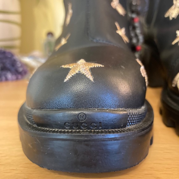 Gucci Stars Bee Embroidered Black Gold Leather Ankle Heel Boot US 8/EU39 EUC - Picture 6 of 11